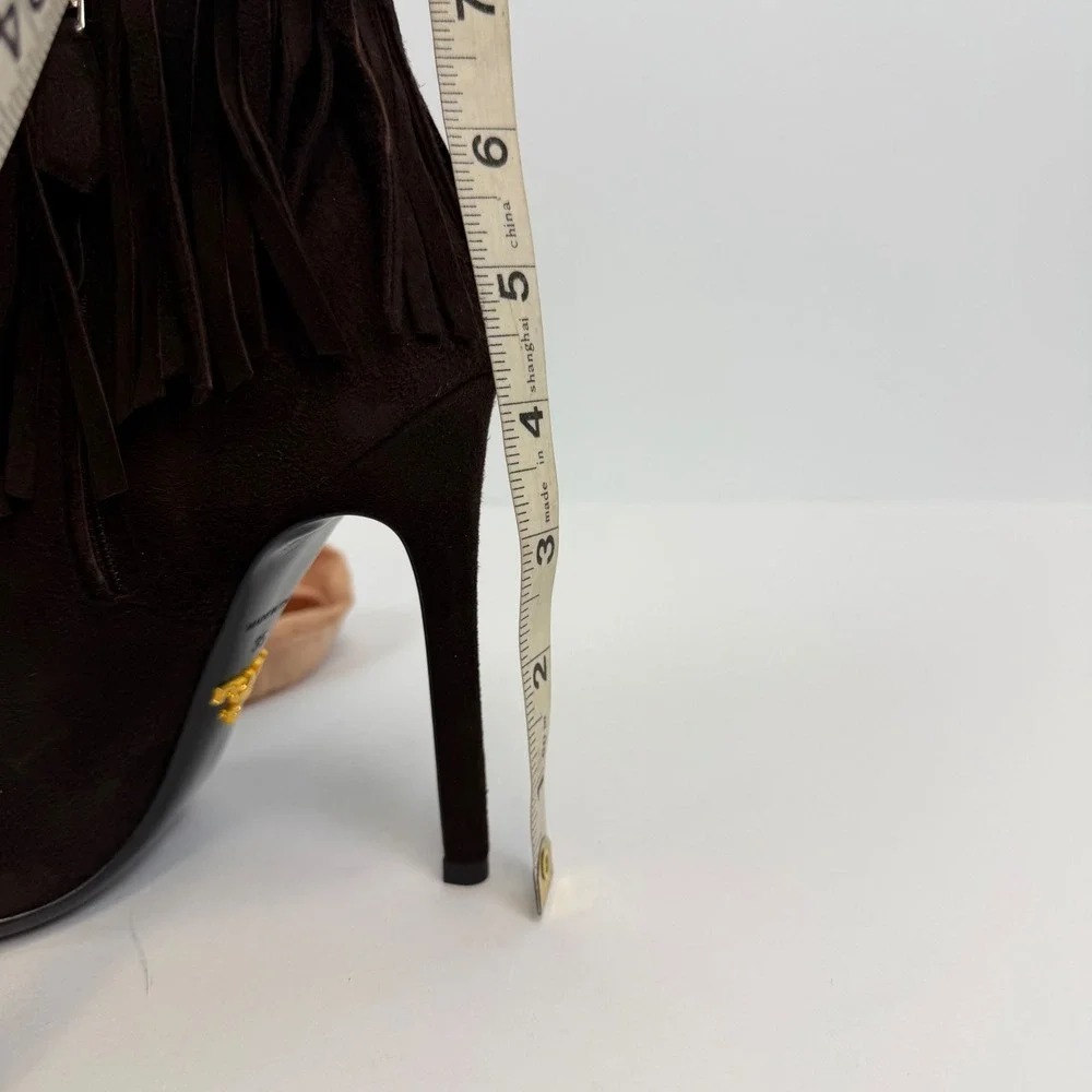 Prada Fringe Peep Toe Booties‎ Women's 35 Brown Suede Stiletto Ankle Heels